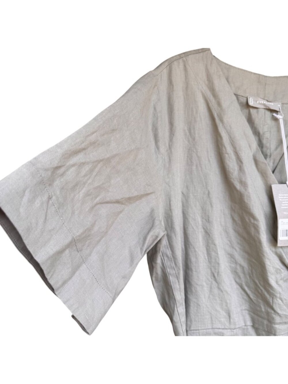 Everlane 100% Linen Wrap Jumpsuit Sz 10 Wide Leg Lagenlook Khaki Short Sleeve - Picture 13 of 16